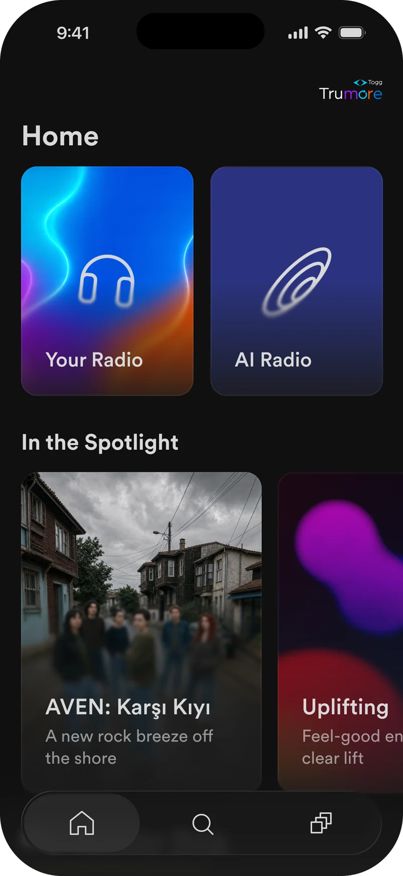 On AIRadio home screen: Your Radio, AI Radio and featured stations