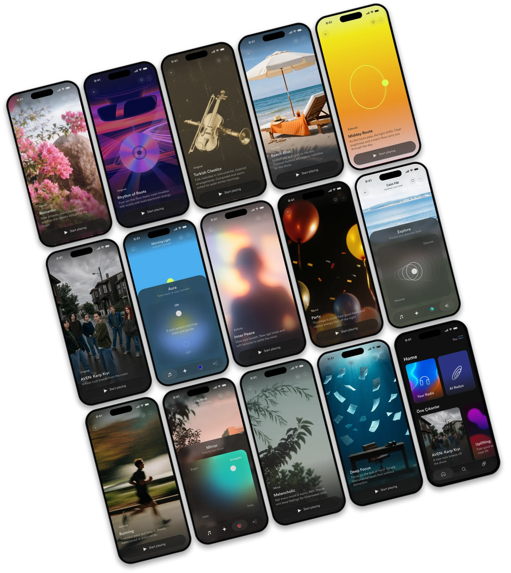 Dozens of station screens on a tilted wall